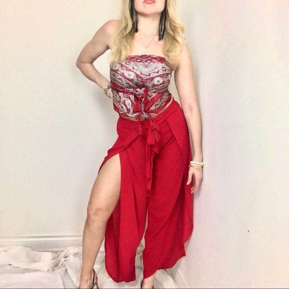 Red Culotte Beach Coverup Pants with Leg Slits